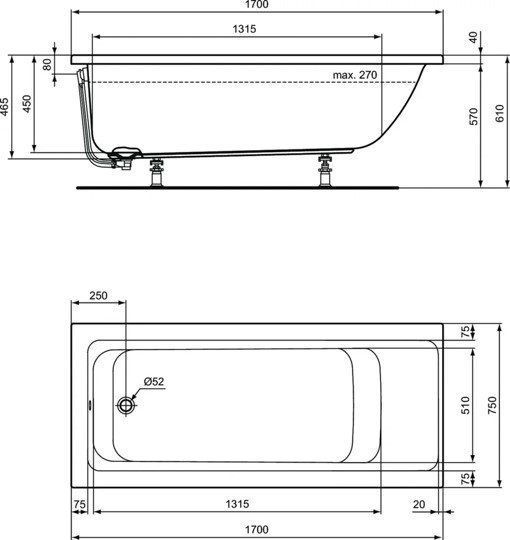 Встраиваемая акриловая прямоугольная ванна 170х75 см Ideal Standard E106401 CONNECT AIR Встраиваемая акриловая прямоугольная ванна 170х75 см Ideal Standard E106401 CONNECT AIR