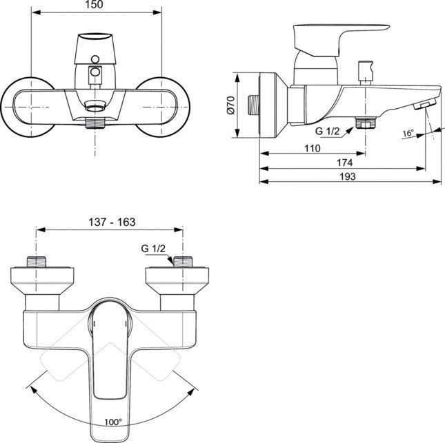 Настенный смеситель для ванны и душа Ideal Standard CONNECT AIR A7033A5 Настенный смеситель для ванны и душа Ideal Standard CONNECT AIR A7033A5
