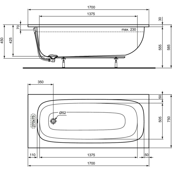 Ванна акриловая встраиваемая 170x75 см Ideal Standard  T476001 Ванна акриловая встраиваемая 170x75 см Ideal Standard  T476001