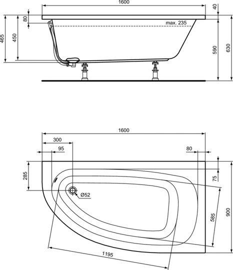 Асимметричная ванна 160х90 см Ideal Standard K275701 HOTLINE Асимметричная ванна 160х90 см Ideal Standard K275701 HOTLINE