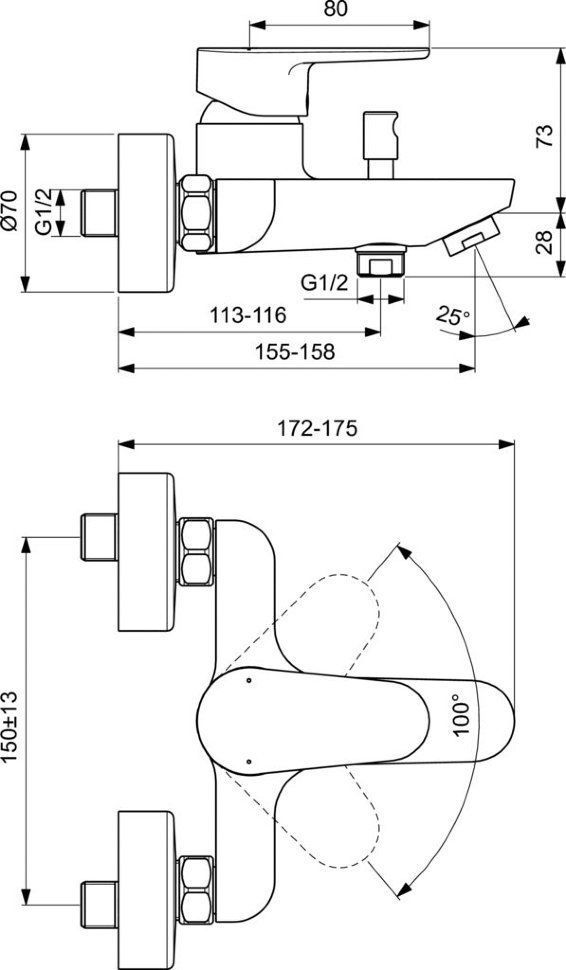 Настенный смеситель для ванны и душа Ideal Standard CERAFINE O BC500XG Настенный смеситель для ванны и душа Ideal Standard CERAFINE O BC500XG