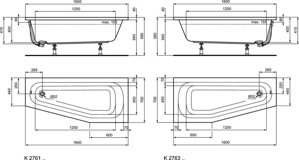 Асимметричная ванна 160х70 см Ideal Standard K276101 HOTLINE Асимметричная ванна 160х70 см Ideal Standard K276101 HOTLINE