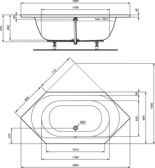 Встраиваемая акриловая шестиугольная ванна 180х90 см Ideal Standard E106901 CONNECT AIR Встраиваемая акриловая шестиугольная ванна 180х90 см Ideal Standard E106901 CONNECT AIR