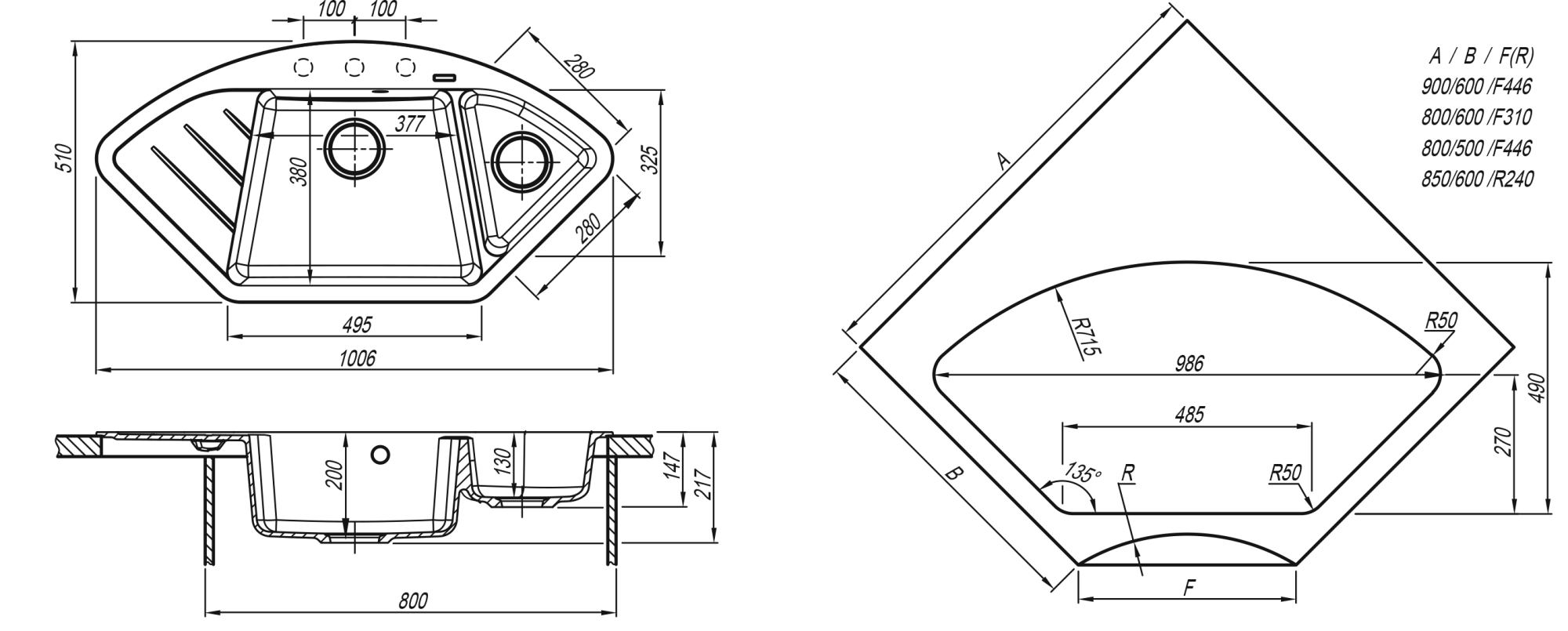 Кухонная мойка угловая 100x51 Florentina 20.285.E1005.102 Чёрный