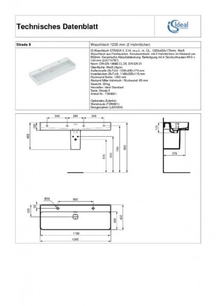 Раковина 120 см Ideal Standard STRADA II T359501 Раковина 120 см Ideal Standard STRADA II T359501