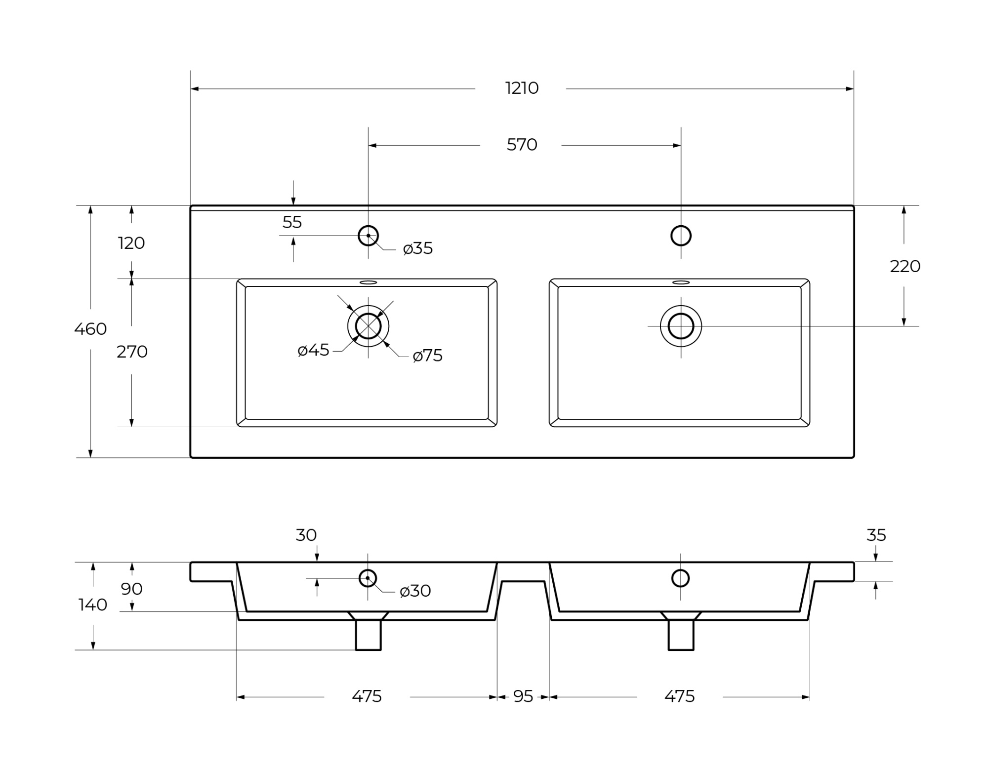 Мебельная раковина с двумя чашами Cezares 120 см CZR-8070-120-2