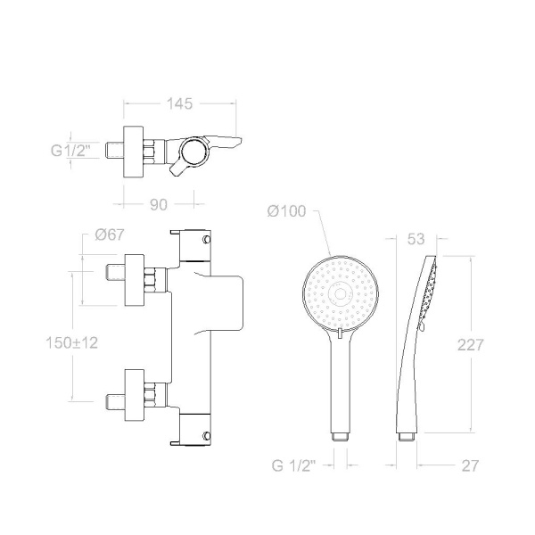 Смеситель для ванны Ramonsoler Blautherm 943901T3 термостатический с душевой лейкой хром