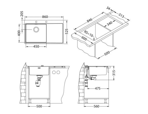Мойка стальная левая 86х53 ALVEUS PURE 1103652 брашированная сталь
