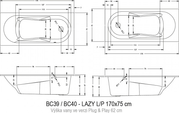 Ванна акриловая RIHO LAZY 170x75 LEFT BC4000500000000 Ванна акриловая RIHO LAZY 170x75 LEFT BC4000500000000