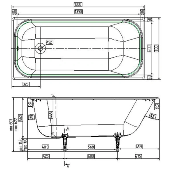 Ванна чугунная Wotte Start 1500x700UR с отверстиями под ручки
