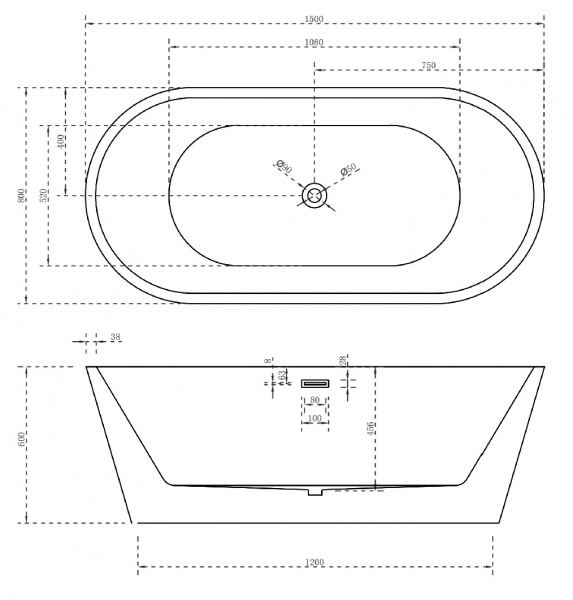 Ванна акриловая отдельностоящая 150x80 ABBER AB9203-1.5