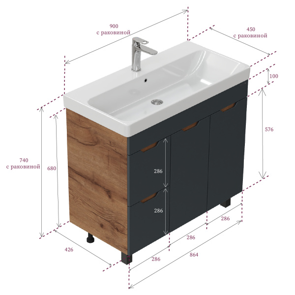 Тумба под раковину Onika Айленд 90 см 109032 дуб крафт золотой/графит
