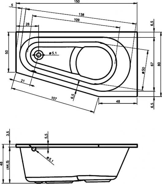Ванна акриловая RIHO DELTA 150 L 150x80 BB8100500000000 Ванна акриловая RIHO DELTA 150 L 150x80 BB8100500000000