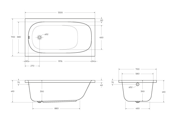 Ванна акриловая Cezares Eco 130x70 ECO-130-70-40-W37