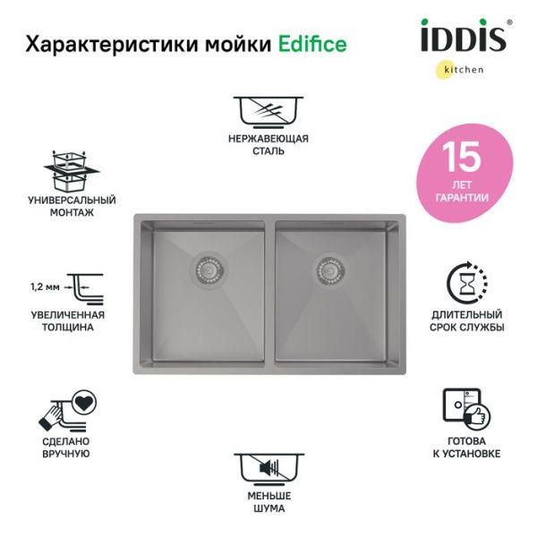 Мойка 44х74,5х20 см IDDIS Edifice EDI75G2i77 графит Мойка 44х74,5х20 см IDDIS Edifice EDI75G2i77 графит