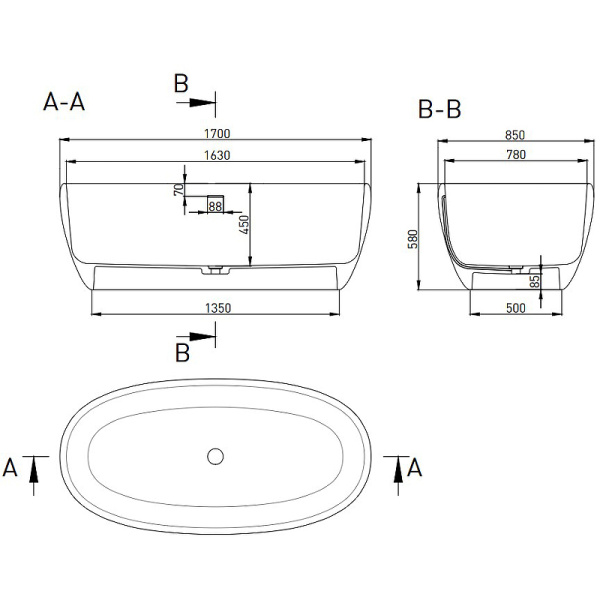 Ванна из искусственного камня Salini Luce 170х85 100121MRH любой RAL снаружи