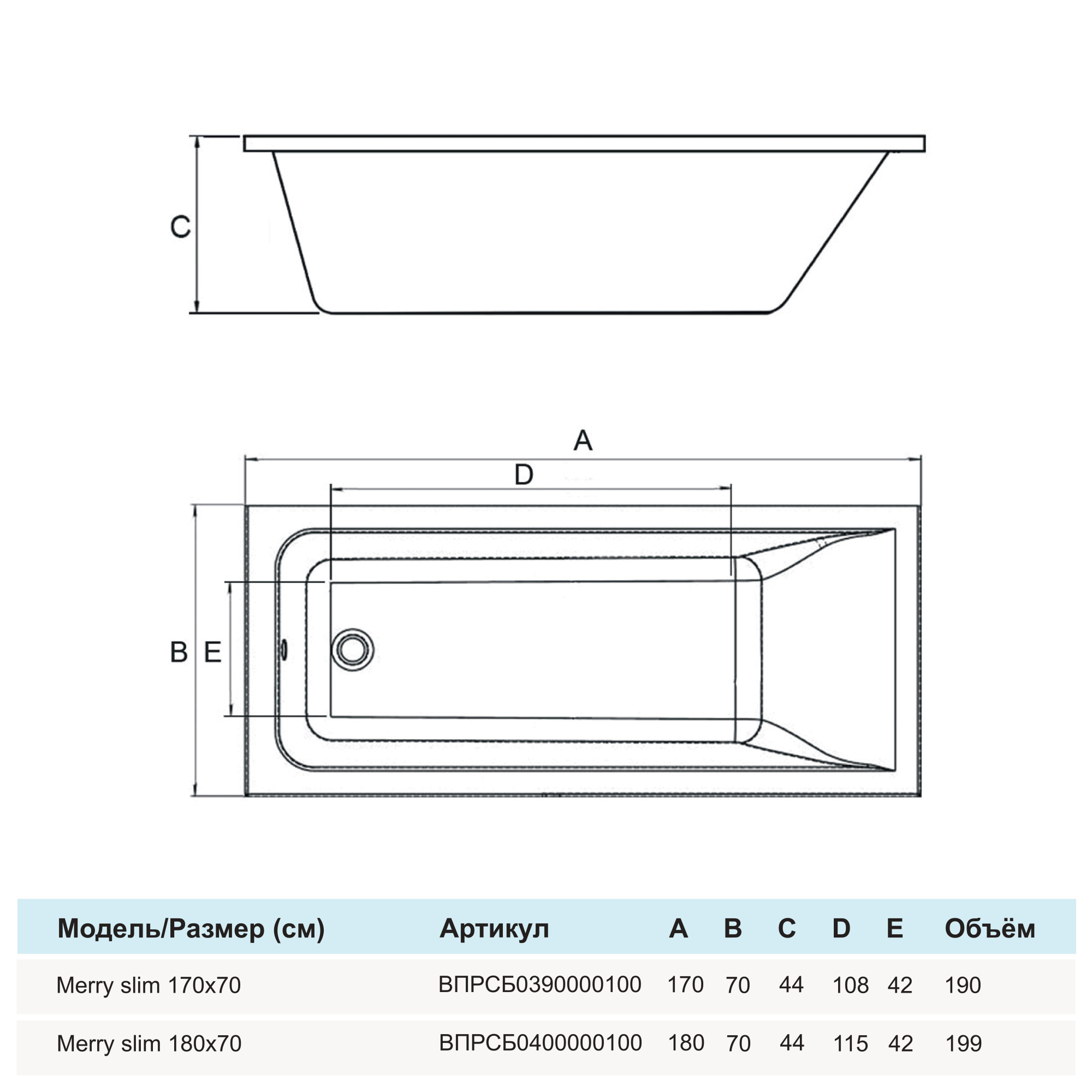 Ванна акриловая Alba Spa Marry Slim 170x70 см ВПРСБ0390000100