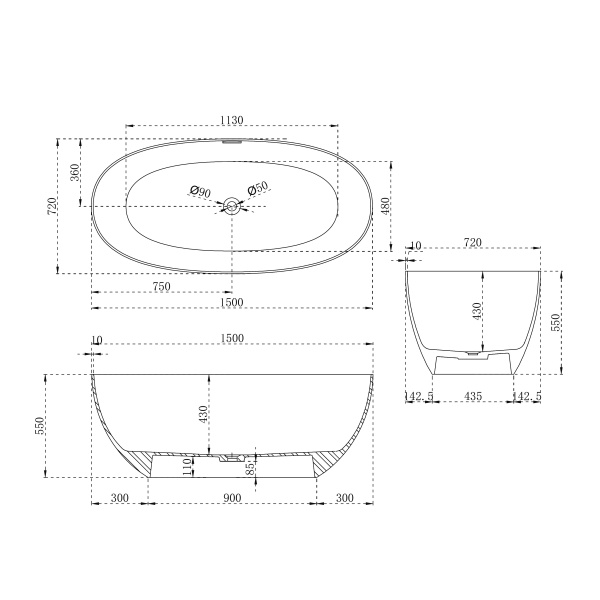 Ванна из искусственного камня Abber 150x70 см AS9624-1.5
