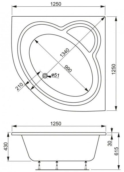Ванна акриловая Vagnerplast Catalina 125x125 VPBA125CTM3X-04