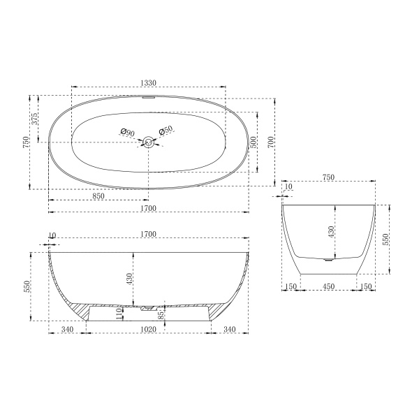 Ванна из искусственного камня Abber 170x75 см AS9624-1.7