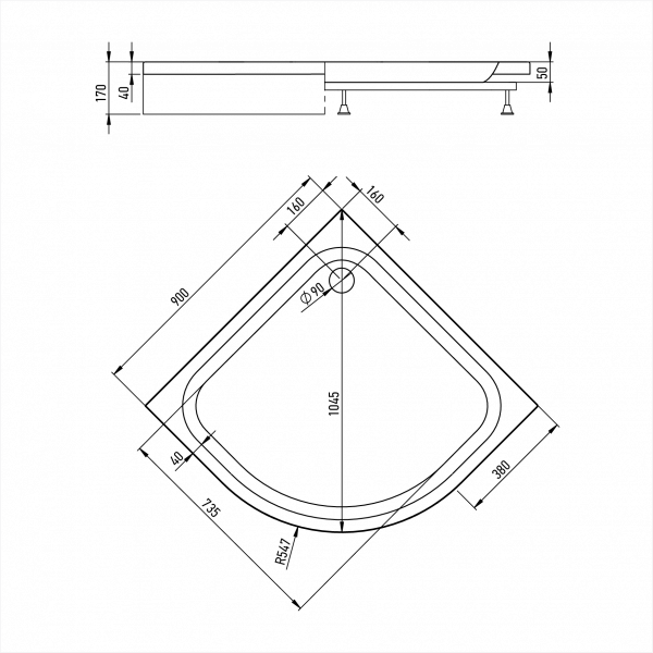 Душевой поддон четверть круга 90x90x17 ALEX BAITLER АВ9017D-1 Душевой поддон четверть круга 90x90x17 ALEX BAITLER АВ9017D-1