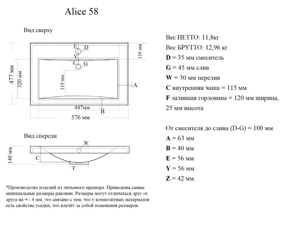 Мебельная раковина Madera Alice 4627173210300 60 см белая глянцевая