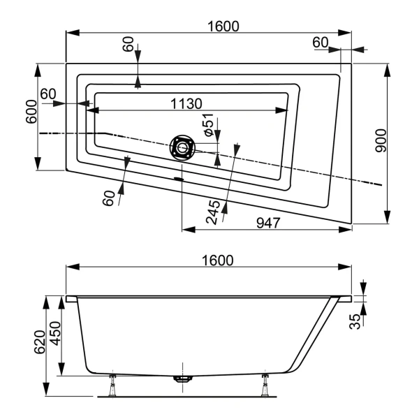 Ванна акриловая Vagnerplast Cavallo 160x90 L VPBA169CAV3LX-04