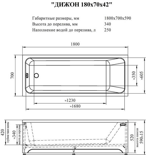 Ванна акриловая Radomir Дижон 180x70 2-01-0-0-1-280Р белая пристенная с каркасом
