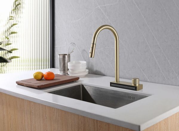 Смеситель для кухни на 2 воды с вытяжной лейкой ABBER Wasser Kreis AF8114G золото матовое Смеситель для кухни на 2 воды с вытяжной лейкой ABBER Wasser Kreis AF8114G золото матовое
