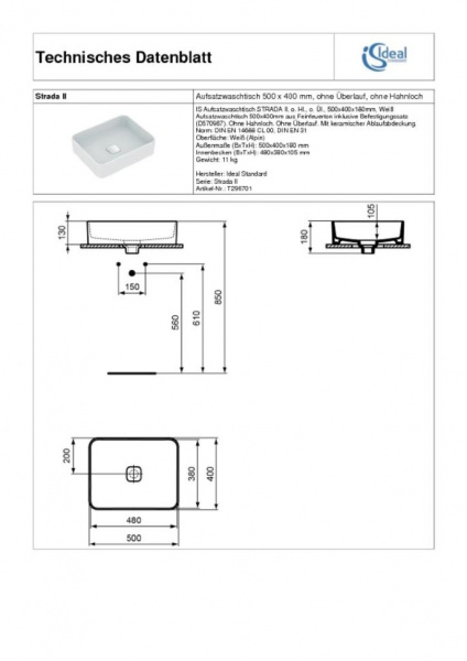 Раковина 50 см Ideal Standard STRADA II T296701 Раковина 50 см Ideal Standard STRADA II T296701