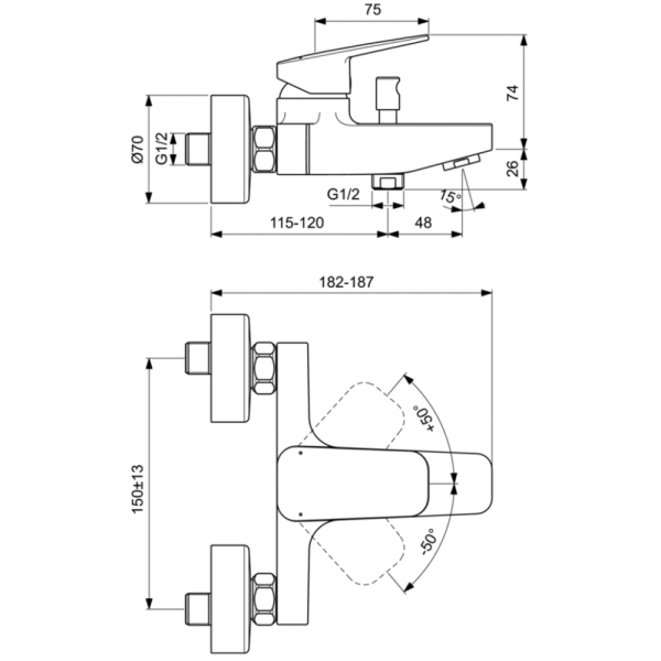 Смеситель для ванны настенный  Ideal Standard CERAPLAN BD256XG черный матовый Смеситель для ванны настенный  Ideal Standard CERAPLAN BD256XG черный матовый
