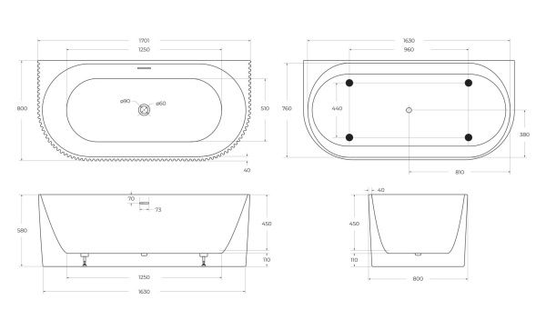 Акриловая ванна отдельнотоящая 170x80 см BelBagno  BB713-1700-800 белый