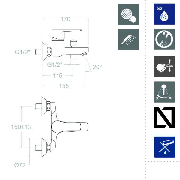 Смеситель для ванны Ramonsoler Titanium 1805VP с душевой лейкой хром