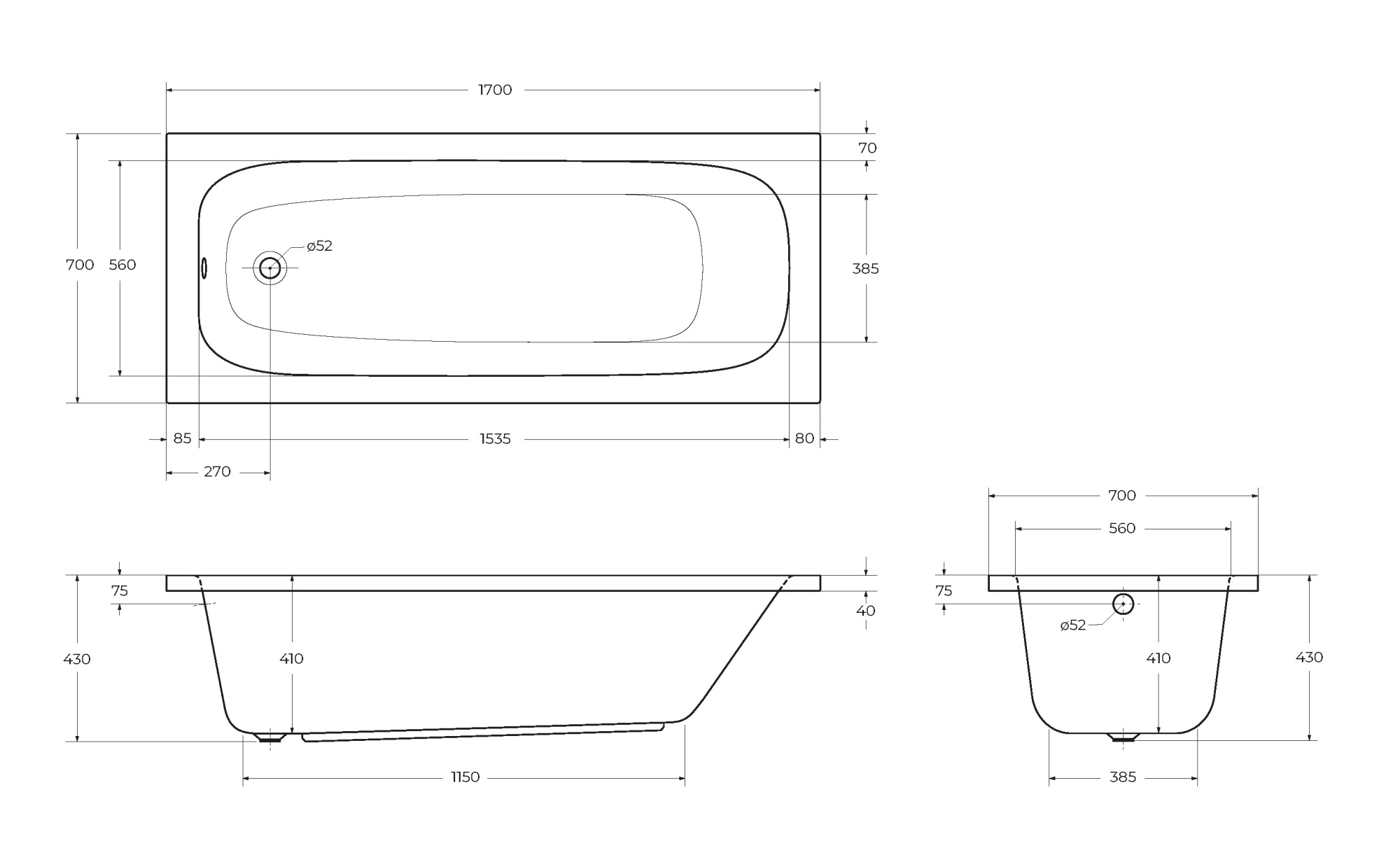 Ванна акриловая Cezares Eco 170x70 ECO-170-70-41-W37