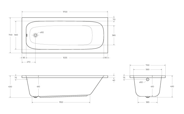 Ванна акриловая Cezares Eco 170x70 ECO-170-70-41-W37