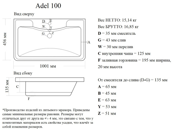 Мебельная раковина Madera Adel 4627173210263 100 см белая глянцевая