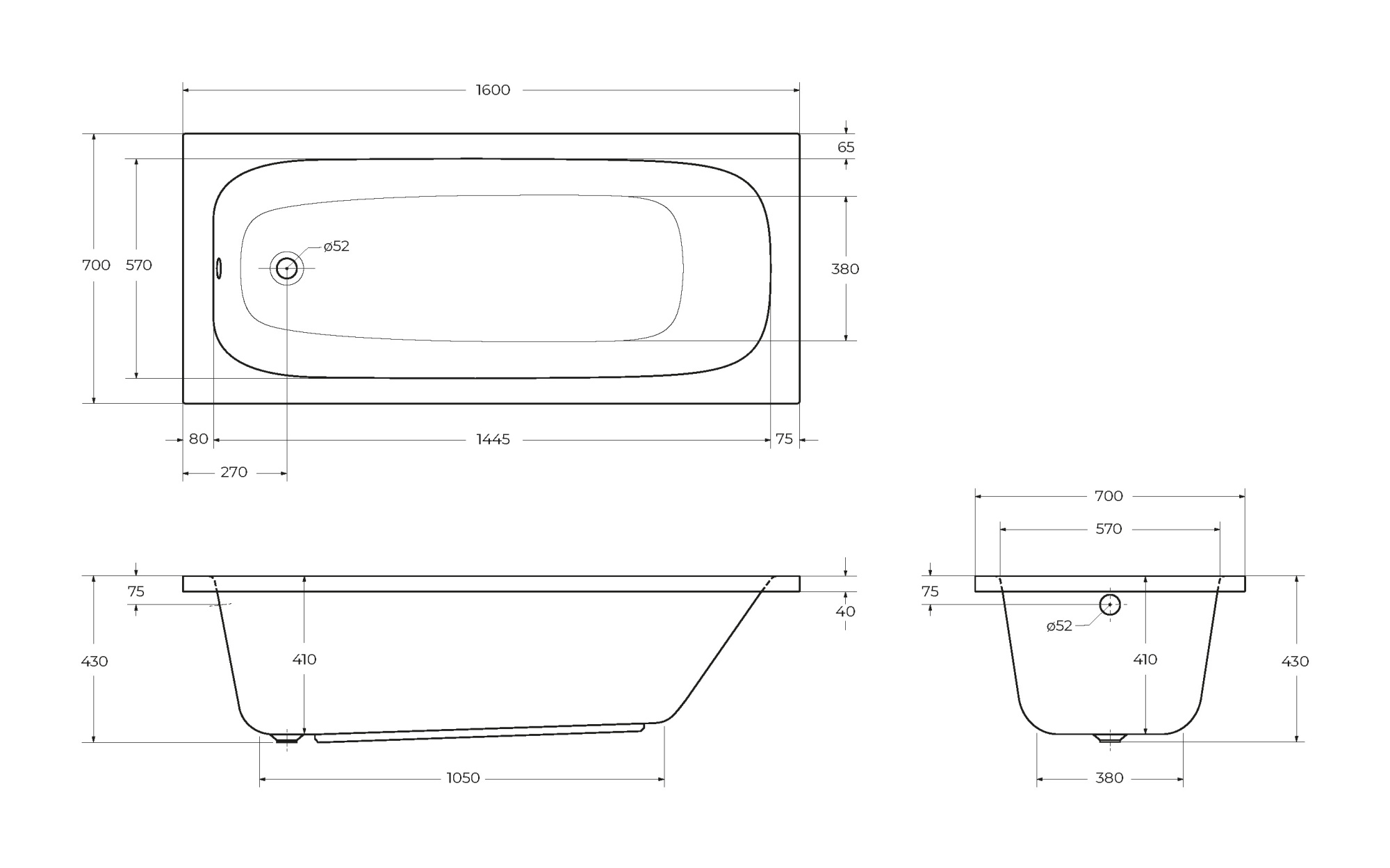 Ванна акриловая Cezares Eco 160x70 ECO-160-70-41-W37