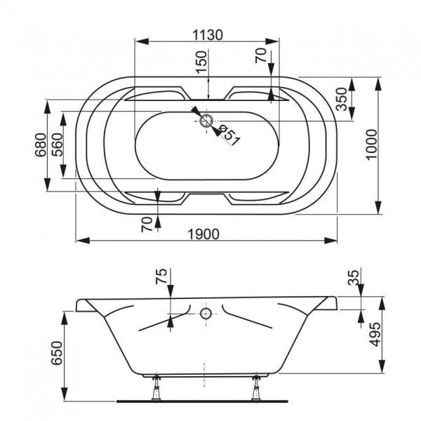 Ванна акриловая Vagnerplast Gaia 190x100 VPBA191GAI7X-04