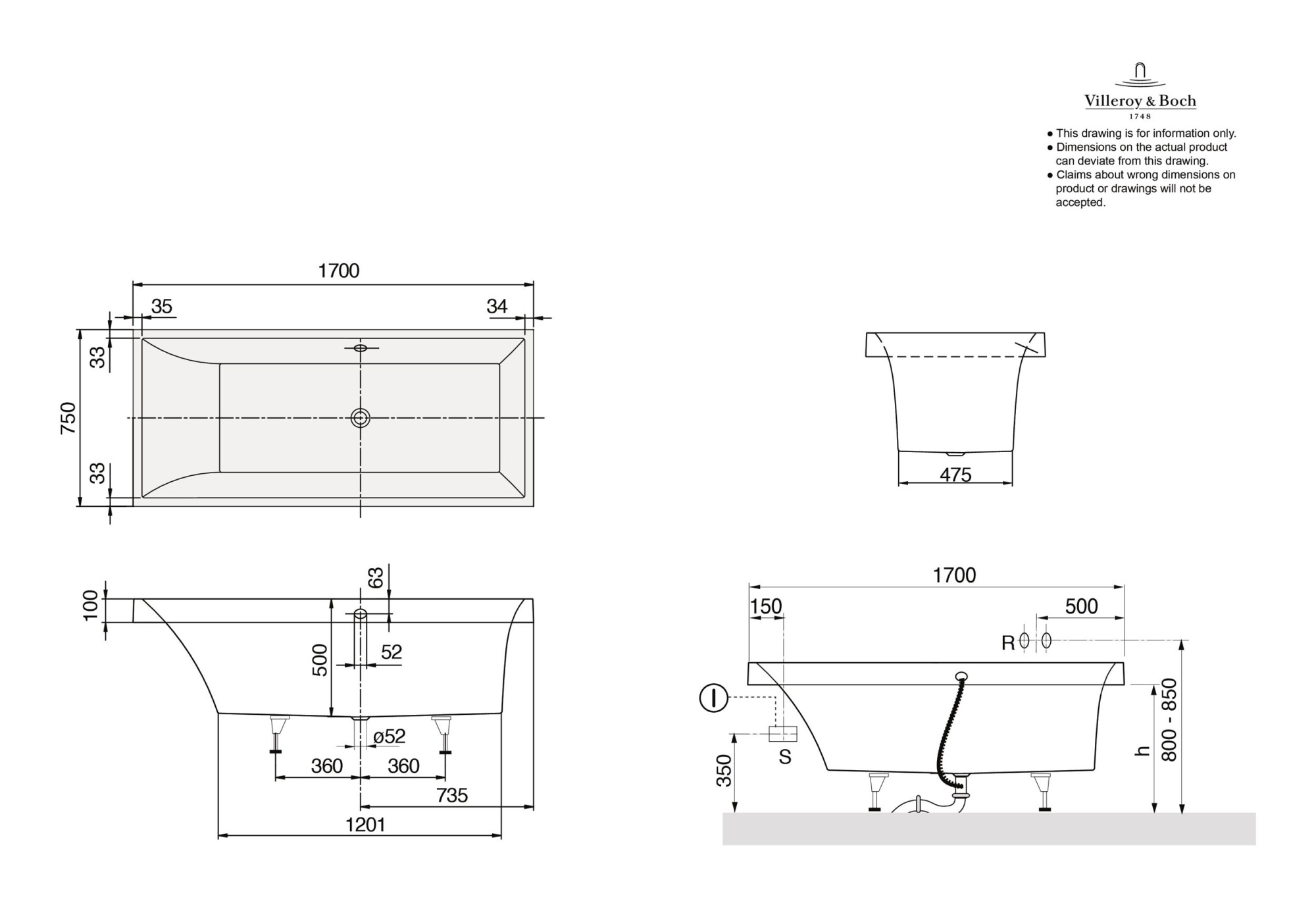 Ванна квариловая Villeroy & Boch Squaro UBQ170SQR2V-01