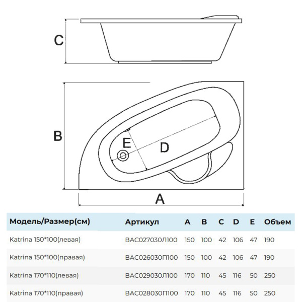Ванна акриловая Alba Spa Katrina 170x110 см L ВАС029030Л100