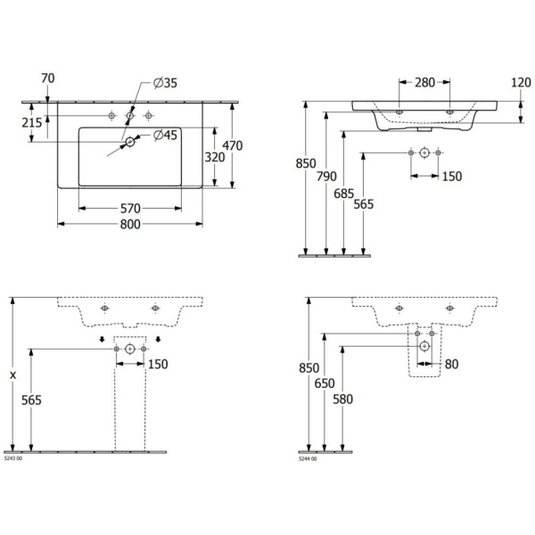Раковина Villeroy & Boch Subway 3.0 80 см 4A708001 встраиваемая сверху