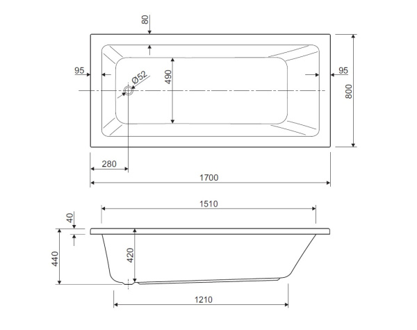 Ванна акриловая Cezares Plane Solo 170x80 PLANE SOLO-170-80-49-W37