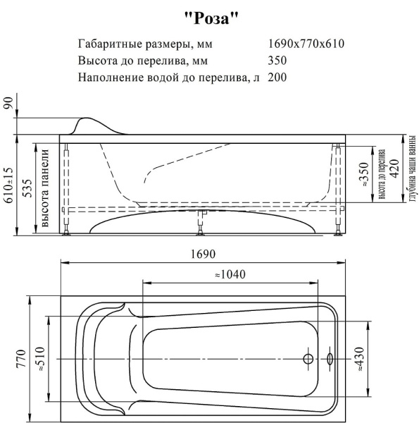Ванна акриловая Radomir Роза 170x75 2-01-0-0-1-208Р белая пристенная с каркасом