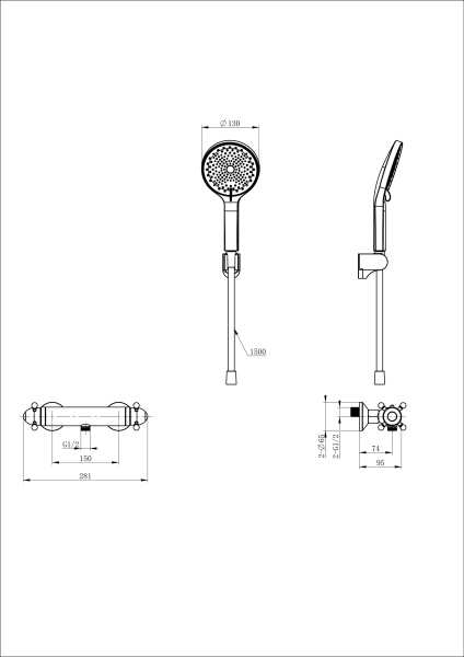 Смеситель для душа с термостатом и гарнитуром Wonzon & Woghand Strato WW-B2048-A-MB черный матовый