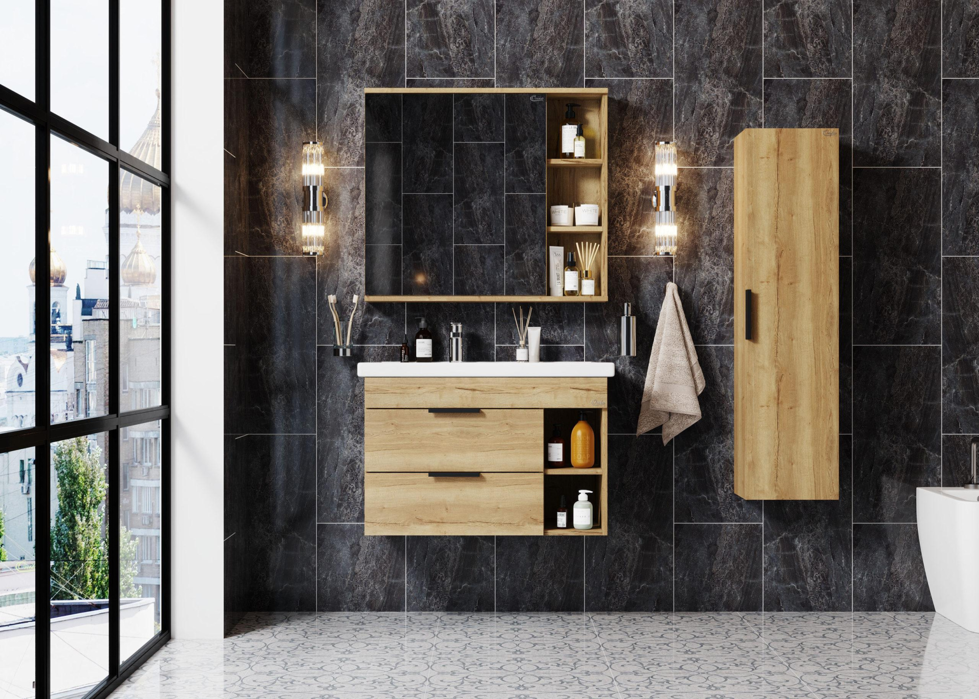 Шкаф зеркальный Onika Легран 80 см 208092 дуб галифакс