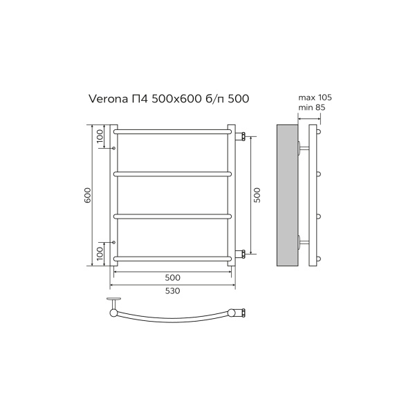 Полотенцесушитель водяной секции боковое подключение 53,2x60 см Azario VERONA AZ04556 хром Полотенцесушитель водяной секции боковое подключение 53,2x60 см Azario VERONA AZ04556 хром
