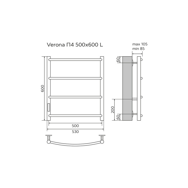 Полотенцесушитель электрический секции диммер слева 53,2x60 см Azario VERONA AZ04756B черный Полотенцесушитель электрический секции диммер слева 53,2x60 см Azario VERONA AZ04756B черный