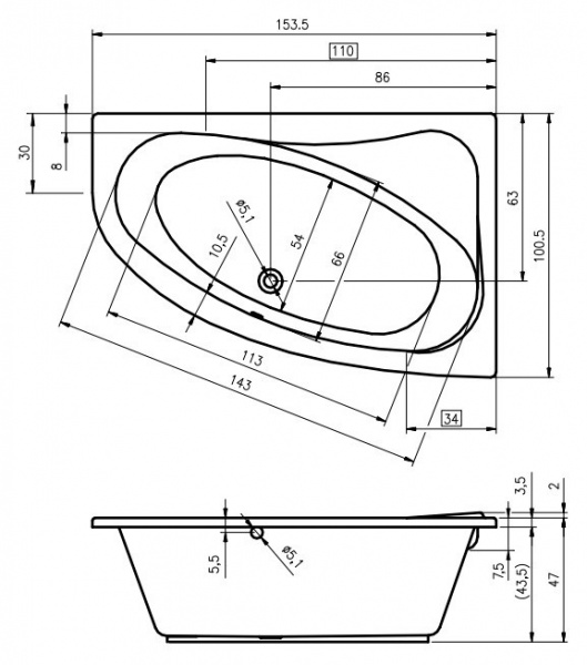 Ванна акриловая RIHO LYRA 153 L 153x100 BA6800500000000 Ванна акриловая RIHO LYRA 153 L 153x100 BA6800500000000