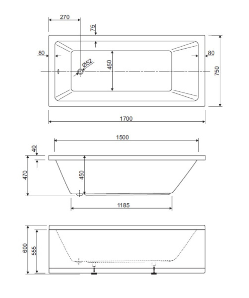 Ванна акриловая Cezares Plane Solo 170x75 PLANE SOLO-170-75-45-W37