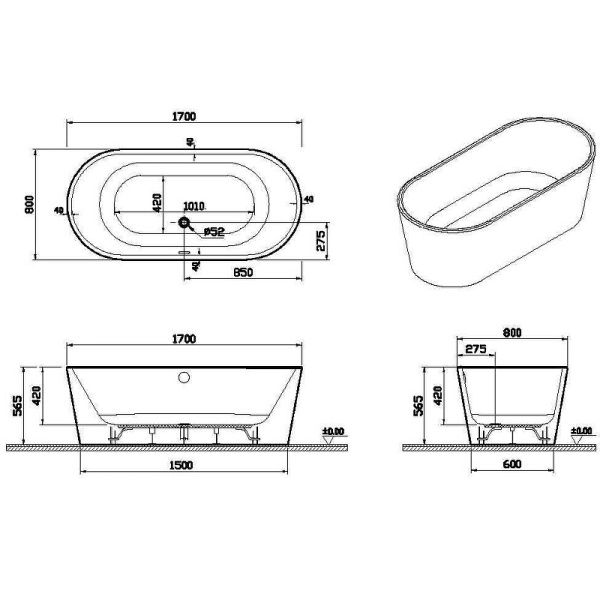 Ванна акриловая отдельностоящая 170x80 VitrA Geo 65370006000 с ножками и сифоном Ванна акриловая отдельностоящая 170x80 VitrA Geo 65370006000 с ножками и сифоном